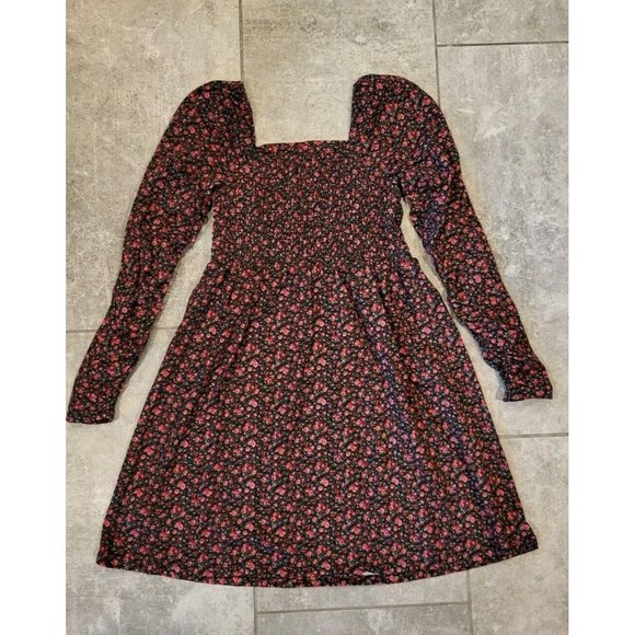 New Pink Black Ditsy Floral Long Sleeve Mini Dress Gap Sz XS - Picture 3 of 5
